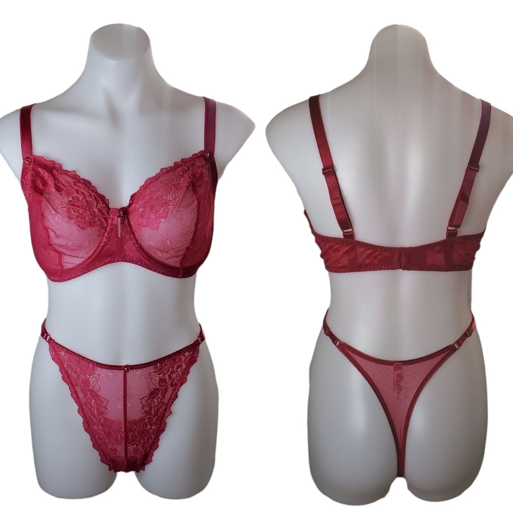 Victoria's Secret Vintage Jaquard Floral Lace Demi bra 40DD, Thong XXL,Panty XXL